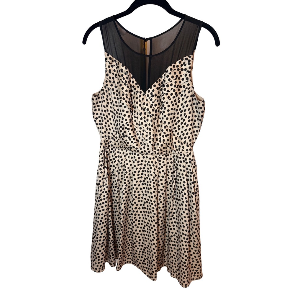 BCBGeneration Polka Dot Illusion Mesh Pleated Fit & Flare Dress Tan Black Size 8